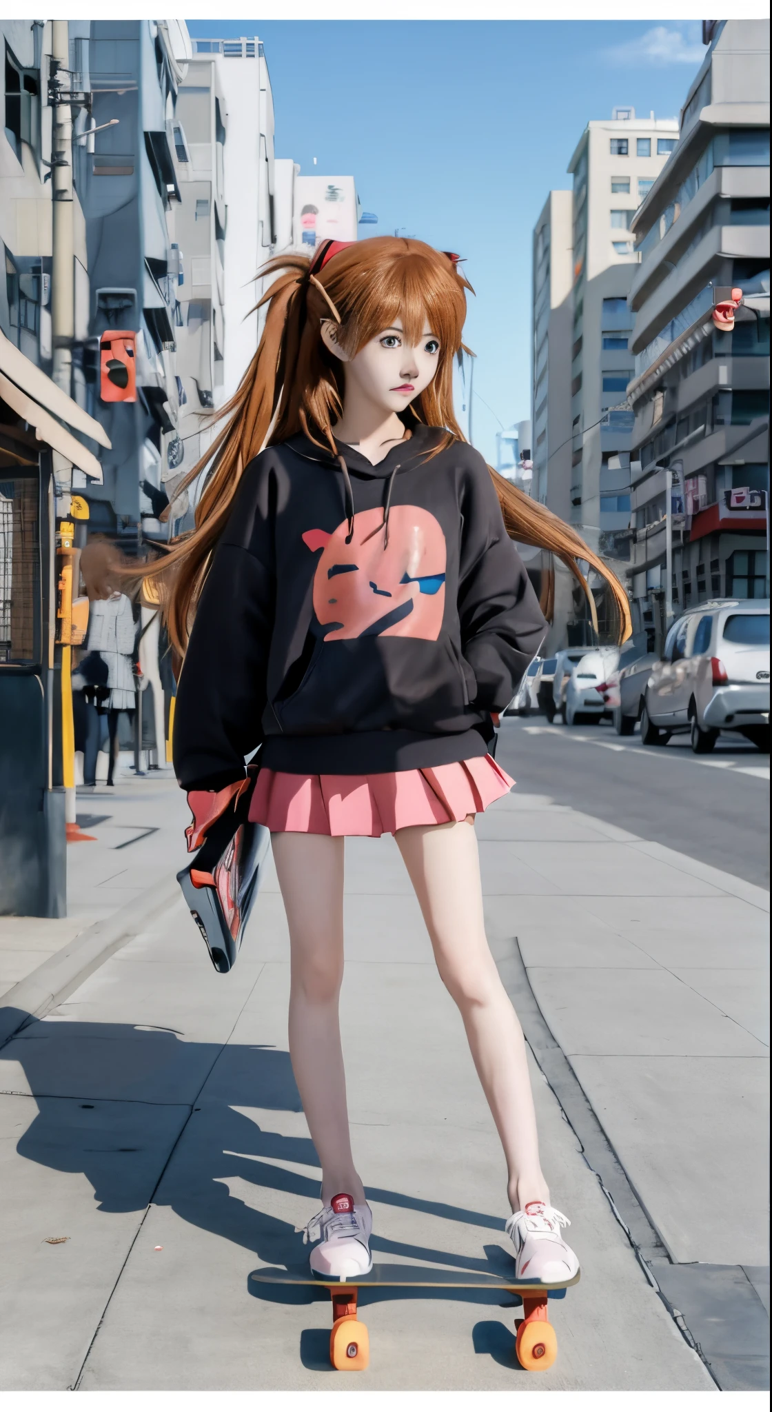 anime girl in a skirt and sweatshirt on a skateboard on a city street, anime style. 8k, realistic anime 3 d style, an anime girl, anime girl, cute anime girl, style anime, young anime girl, anime girl in real life, pretty anime girl, anime style 4 k, beautiful anime high school girl, anime style mixed with fujifilm