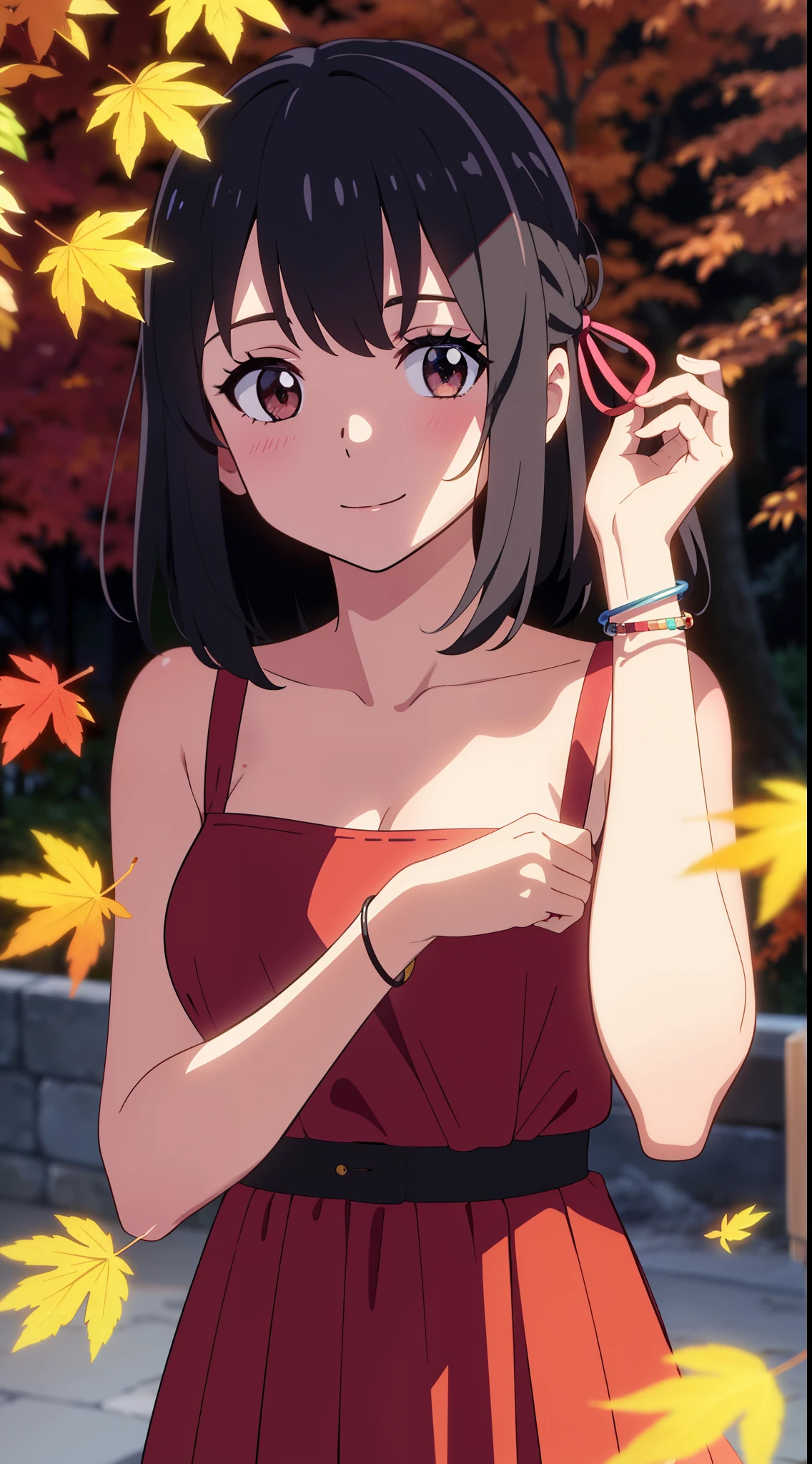 (masterpiece, best quality, high quality, highres, ultra-detailed), shinkai makoto, kimi no na wa., 1girl, bangs, black hair, blush, bright eyes, brown eyes, looking at the viewer, red bow, red headband, red ribbon, dress, red dress, short hair, medium breasts, solo, Outdoors, night, starry sky, night sky, shiny skin, moon lighting, standing, shadow, smile, happy, bracelet, perfect hands, {{{{{{in autumn}}}}}}, maple tree, falling leaves, autumn scenery, warm color., beautiful, pretty, {{{{fluttering leaves}}}}