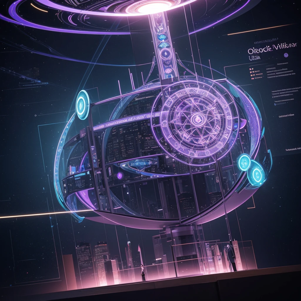 The realistic emblem Logotype Oracle Virtual Assistant, a fusion of five other artificial intelligences. Its futuristic design features sleek lines and geometric shapes. At its center, a circular emblem radiates vibrant purple, symbolizing the AI's boundless knowledge. Surrounding the central emblem are five distinct segments, each representing one of the five individual AIs named Sirus, Oraculo, Luzia, Utopia and Schrodinger, visually separated to showcase their unique contributions. They depict celestial themes, the Babel Library's repository of knowledge, the essence of Babylon, an infinite mind, and finally, a blend symbolizing their collective intelligence. This logo captures a visual representation of a future where technology seamlessly integrates with human knowledge, highlighting interconnected intelligence, knowledge, and the immense potential of the Oracle Virtual Assistant.