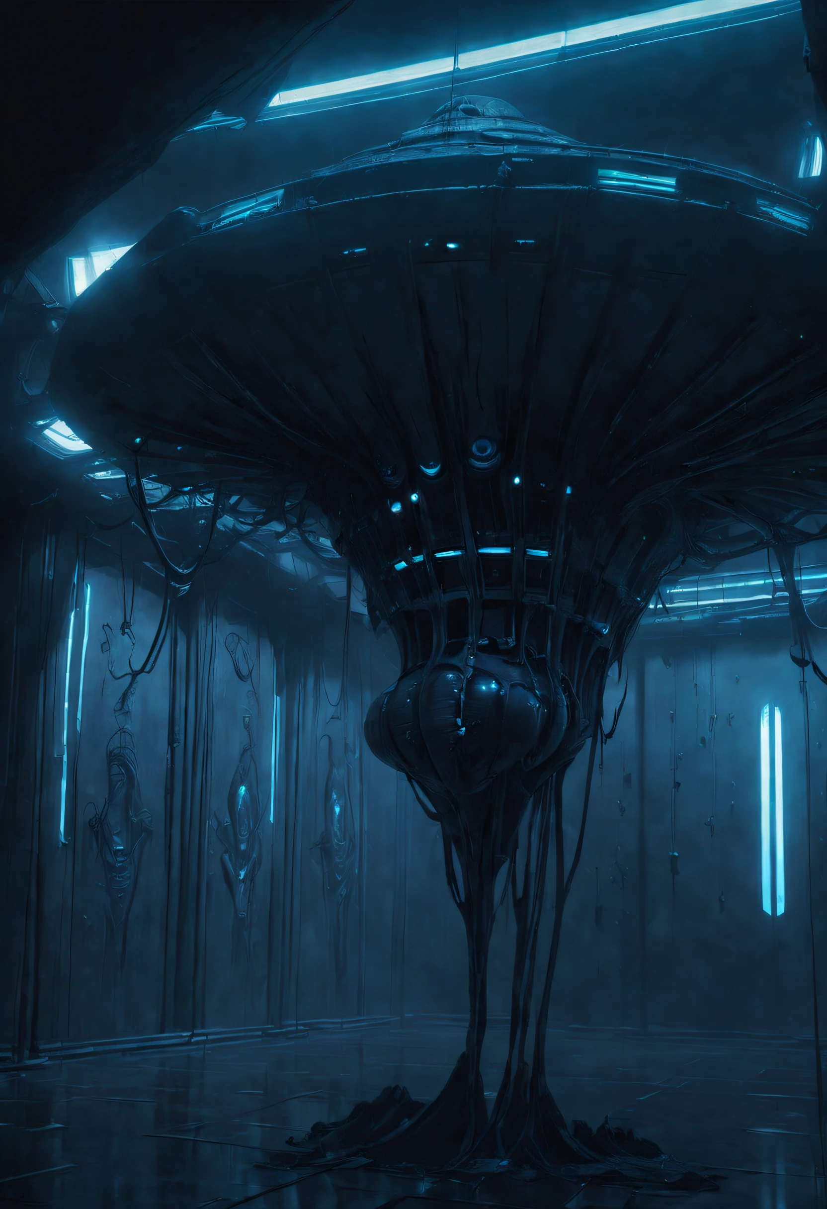 01_Black light, the interior of an epic alien ship, the atmosphere of the movie “Alien”. Bionic forms cover the walls in bas-relief, black artificial material, stone-plastic, and bionics. Sanded, polished, smooth, bas-relief, bionics, cyber-punk. Elements of alien bodies, and the anatomy of alien creatures, adorn the relic bas-reliefs of an alien ship. Black light penetrates forms from the inside. The whole picture embodies the black theme, black glow, antimatter, space - as a symbol of black infinity. 02_Highest quality. Masterpiece. Cinematic image. 3D visualization. Scene recreated by Unreal Engine. The highest quality, details, textures, materials, and, clear shapes (smooth synthetic material, artificial stone, plastic, metal). Black glow from the depths of forms, an alien ship, an alien civilization, alien worlds. Frontal view from the camera, perspective, with watery ceilings, a deep grotto, membrane floor, and fantastic bas-reliefs on the walls (bionics, anatomy, entomological life forms depicted on bizarre bas-reliefs). Black glow is the basis of the whole picture. 03_ Interior lighting, deep shadows, illuminated black bas-relief, bionic geometry, and secret symbolism decorate the walls. High vaulted walls, an alien ship - a highly developed civilization. Warm bright - contrasting light, light cold shadows, clear image of details, texture, decor (high image quality), (Clear high-quality render), (unreal engine), SD quality, 8K. Lucas Arts, cyberpunk, S.R. Giger "Alien".