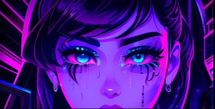 eyes, mascara, vaporwave style, neon style, smooth lines, vector sticker art, vector core, intricate details, potrait, 8k, green light, (((crying)))