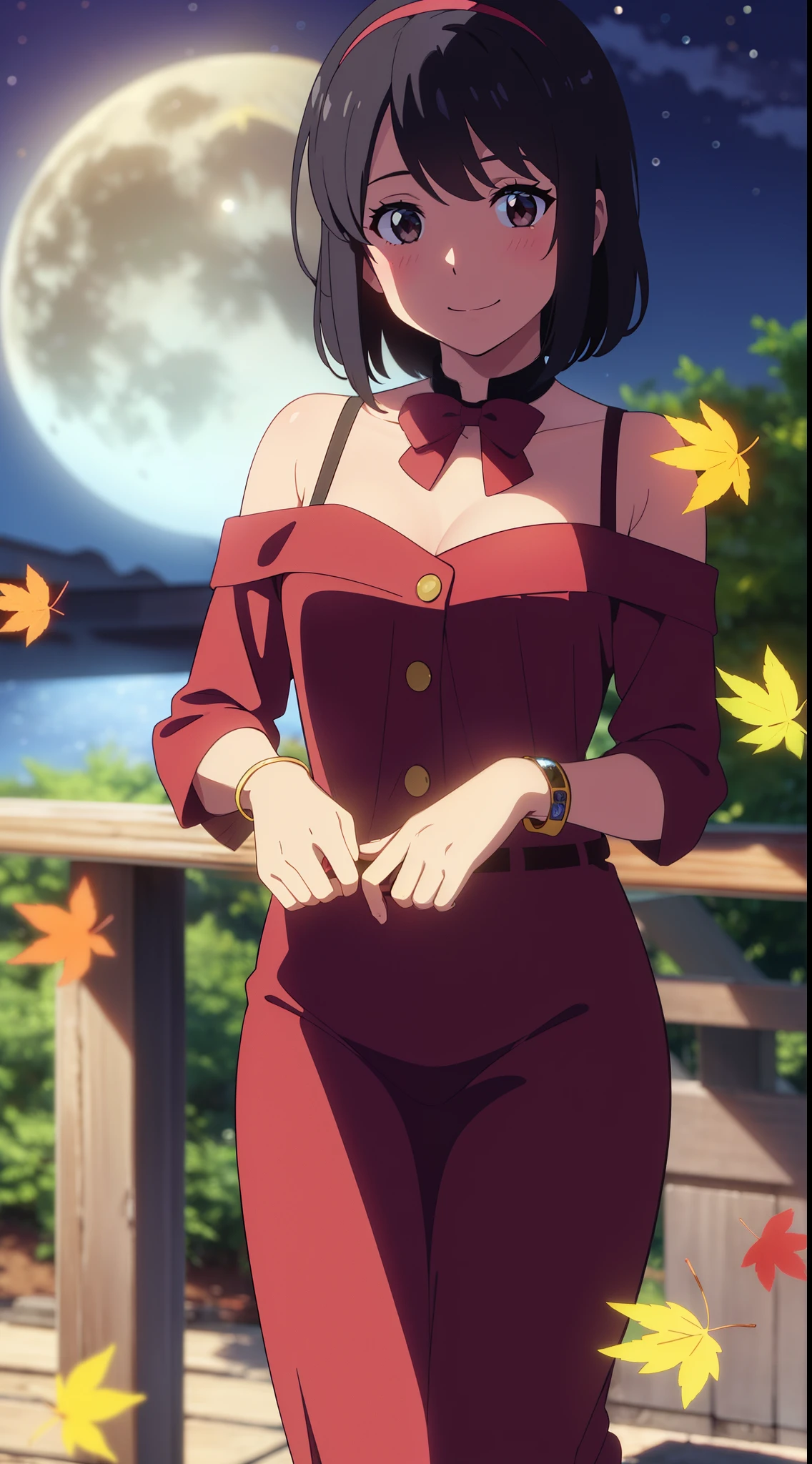 (masterpiece, best quality, high quality, highres, ultra-detailed), shinkai makoto, kimi no na wa., 1girl, bangs, black hair, blush, bright eyes, brown eyes, looking at the viewer, red bow, red headband, red ribbon, dress, red dress, short hair, medium breasts, solo, Outdoors, night, starry sky, night sky, shiny skin, moon lighting, standing, shadow, smile, happy, bracelet, perfect hands {{{{{{in autumn}}}}}}, maple tree, falling leaves, autumn scenery, warm color., beautiful, pretty, {{{{fluttering leaves}}}}