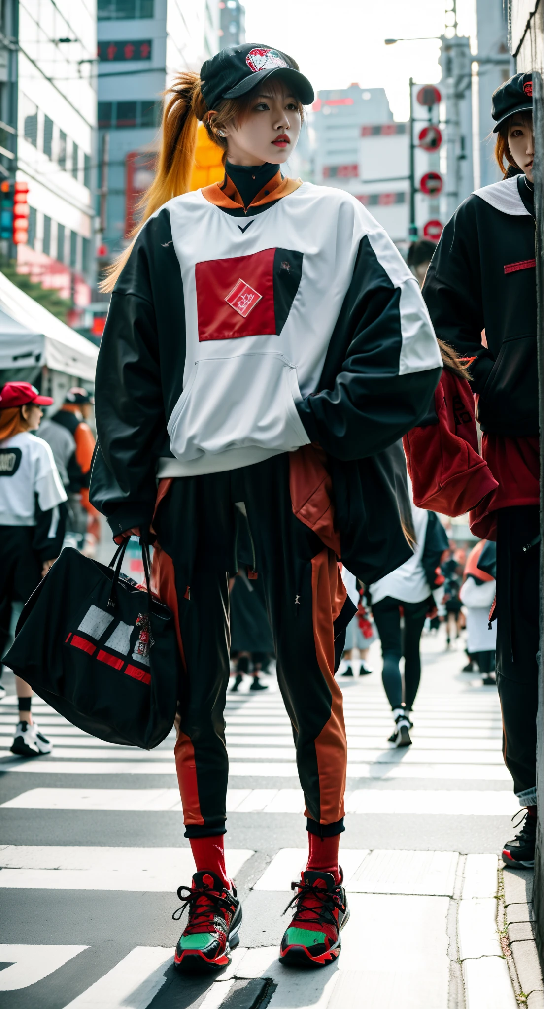 there  a woman with long hair walking down the street, japanese streetwear, woman in streetwear, she  wearing streetwear, cyberpunk streetwear, wearing cyberpunk streetwear, street fashion clothing, streetwear fashion, wearing japanese techwear, japanese city street fashion, tokyo fashion, street clothing, japanese street fashion, female streetwear blogger, street clothes, harajuku street fashion, street photography style