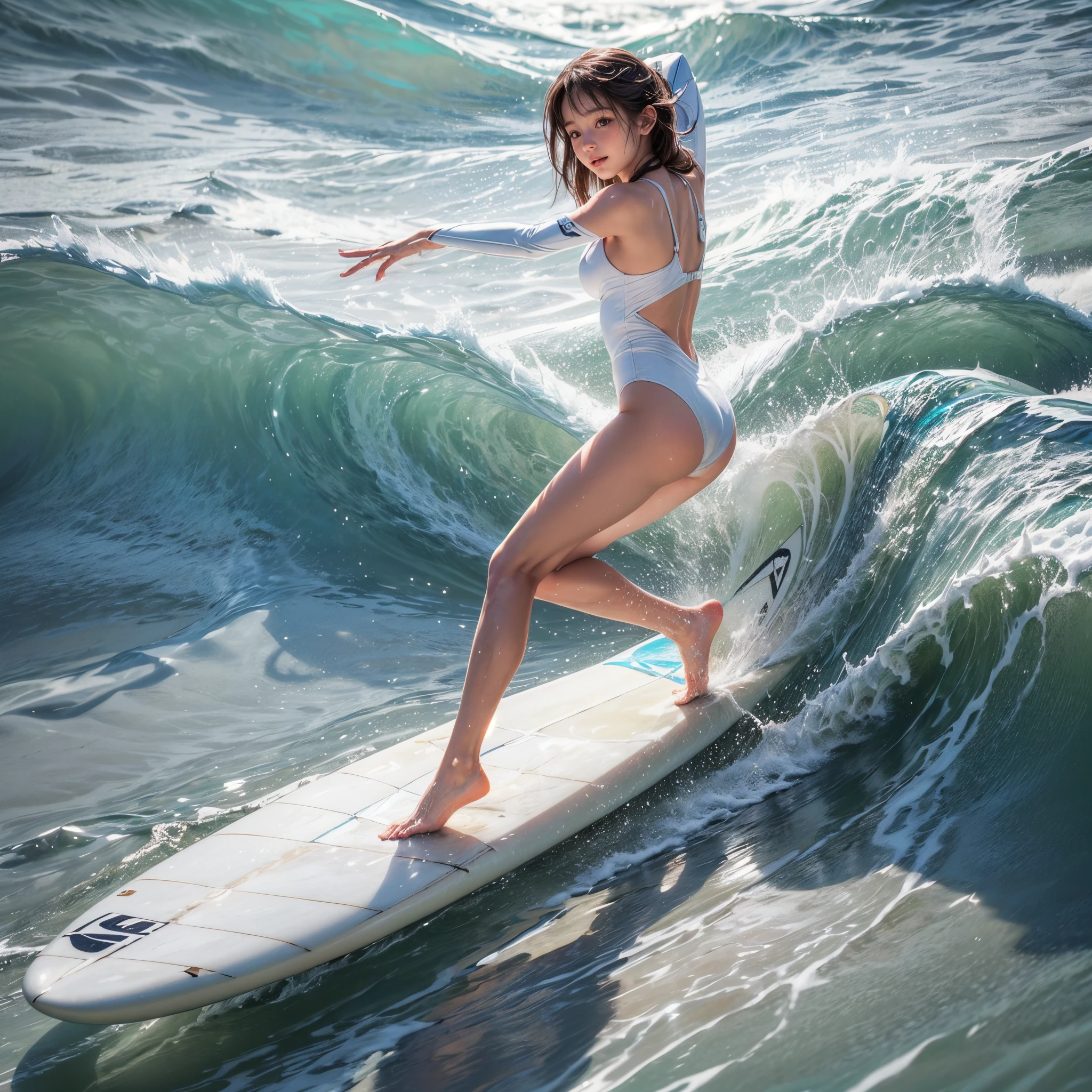 (((SFW, Acutance))), ((a tiny Surfer girl in white swimsuits:1.28)), (((engaged in the act of surfing))), glistening tanline, under the mesmerizing back lighting. They gracefully ride the powerful waves, showcasing their Beautiful body and acrobatic skills. creating a breathtaking and ethereal atmosphere. Whole Body proportions and all limbs are anatomically accurate . ((no extra arm))