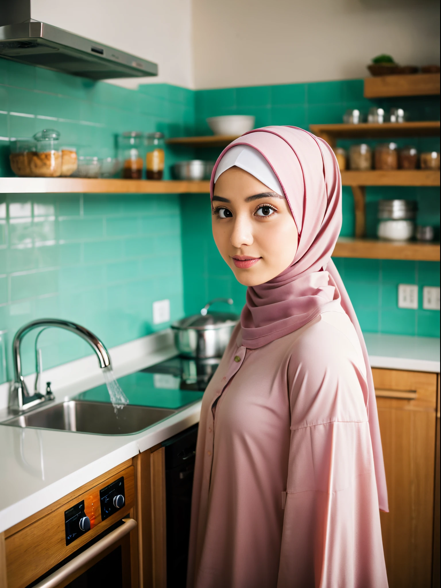 A young woman in light pink hijab, perfect hijab, white maxi dress, and sandals standing in the kitchen, facing to the front, feminine pose, cute face, serene expression, detailed face, detailed clothes, detailed background, warm ambience, bright lighting, natural lighting, 4k, high quality, high resolution, masterpiece