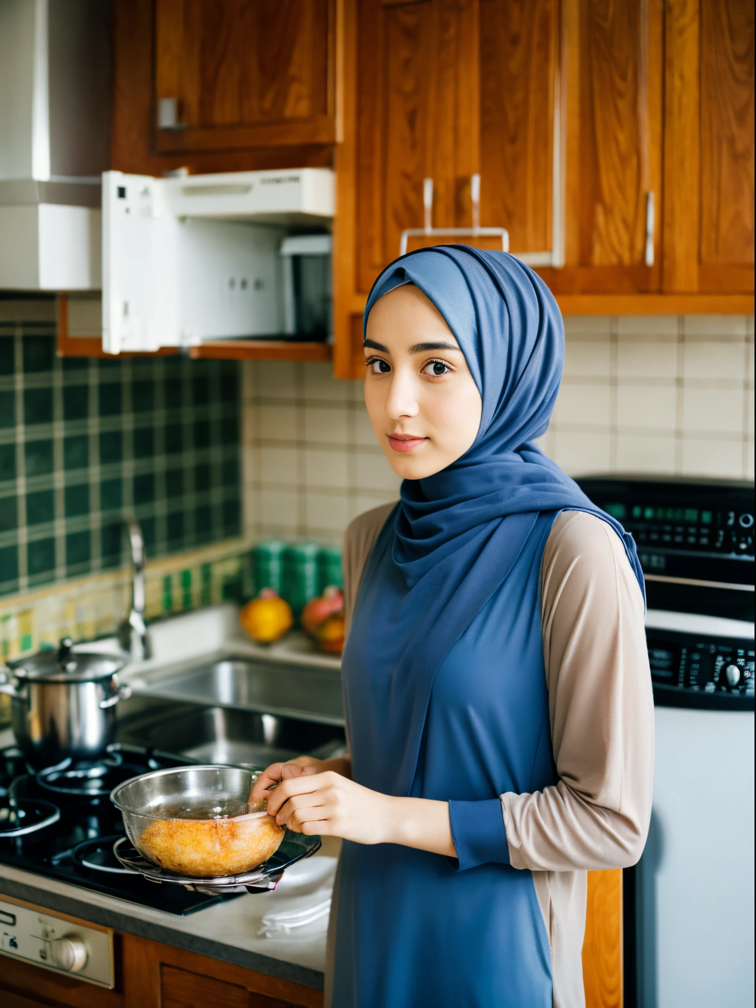 a malay girl, wearing a hijab, in the kitchen of a bad and poor wooden house, the girl is cute hot, the girl wears an apron but is nude,big boobs