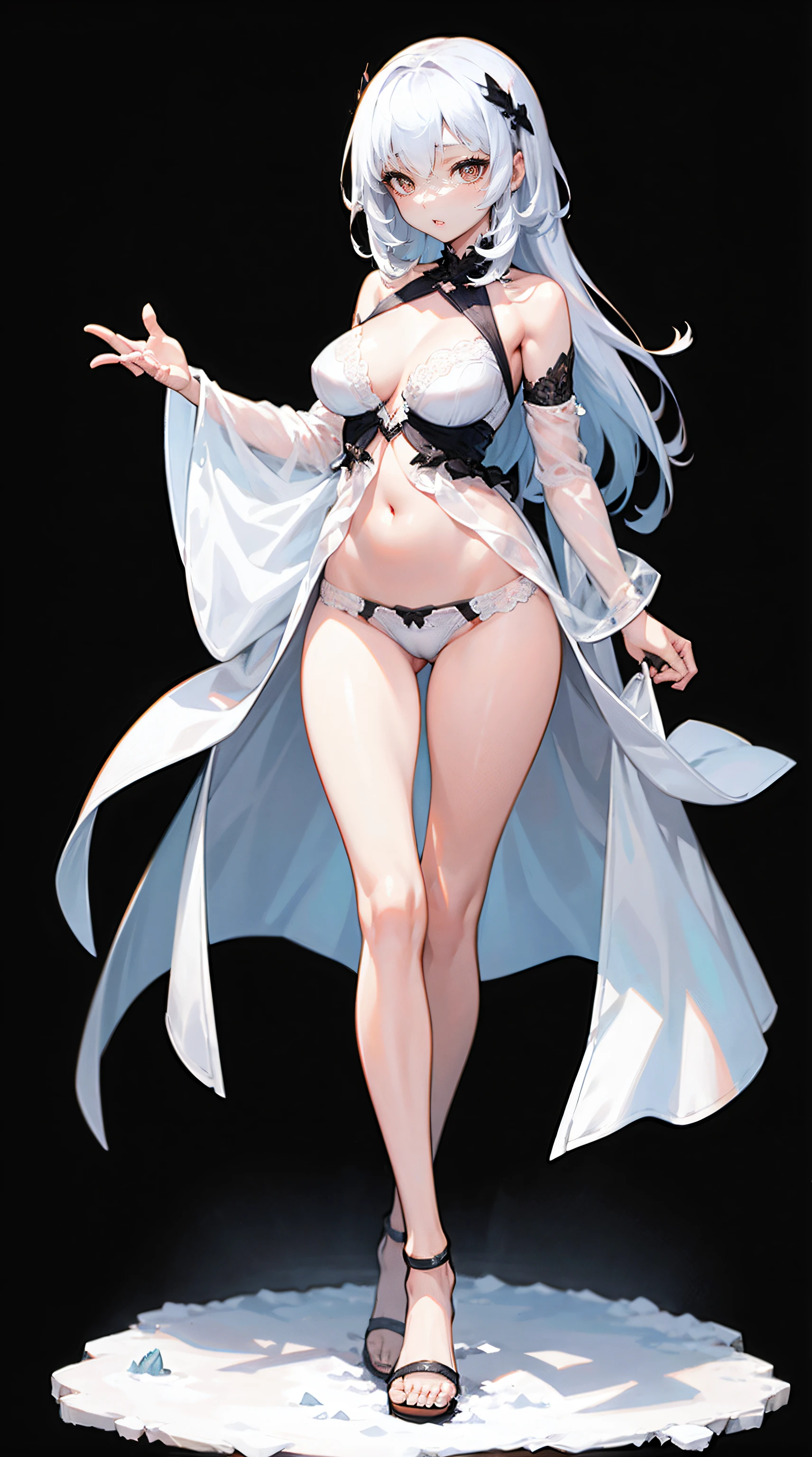 (1 female)，full-body view，Snow-white skin，Full body lesbian，white color hair，pretty legs，sandals，White transparent lace underwear，Clothes are, Only transparent underwear，white transparent exposed，Perfect five fingers，Pretty big breasts, settle、quality、settle、quality、（tmasterpiece）、The facial details are particularly rich、Original characters、perfect litthing、The best colors are extremely rich、It was beautiful、finely detailled、超高分辨率、Plenty of natural light and optimal color tones、Deep in the field（quality、superbly fine details：1.4）