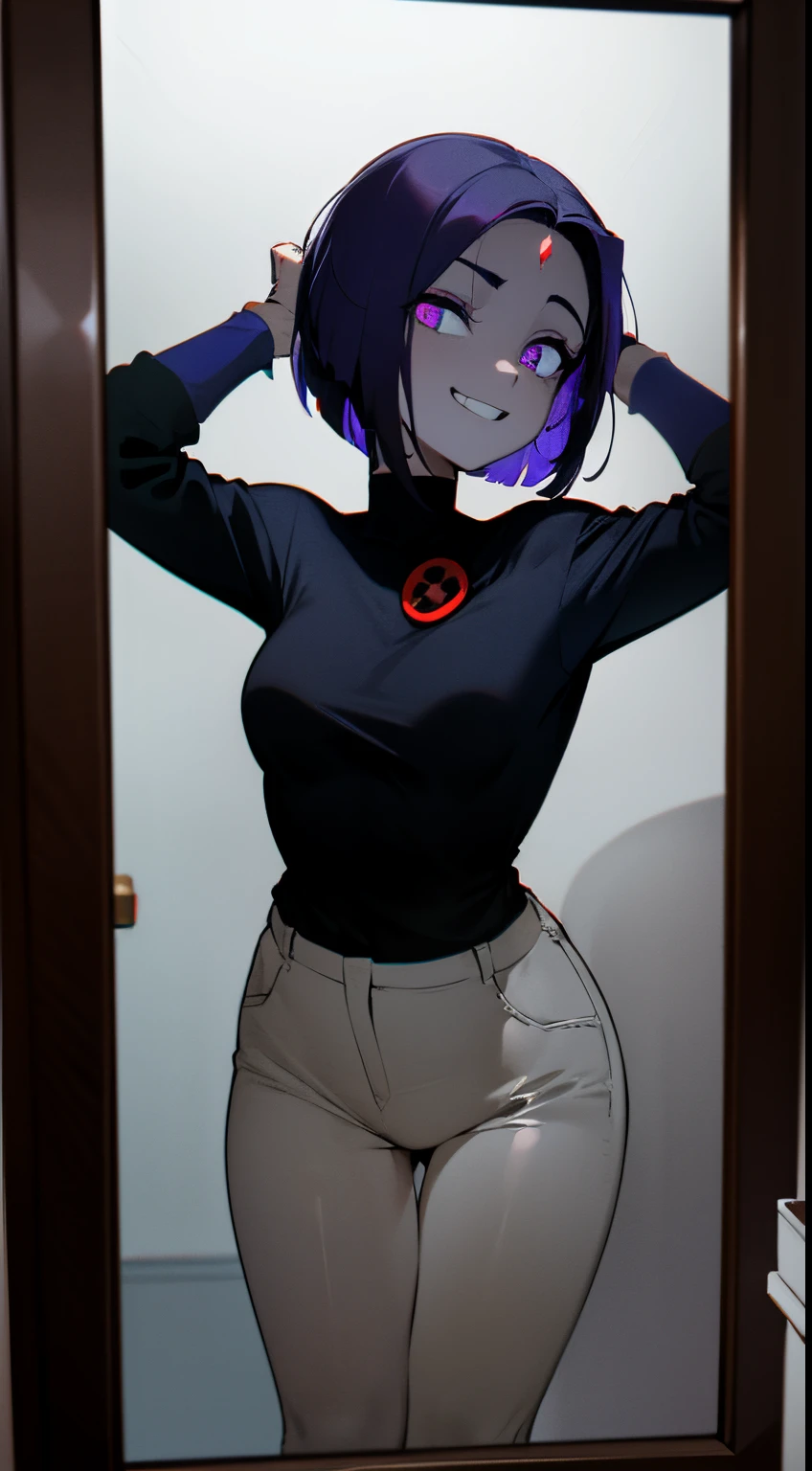 HD 4K resolution, Raven possessed by a perverted spirit of a man, glowing blue eyes, horror dark setting, perverted evil grin, looking at self in the mirror, hands behind head,