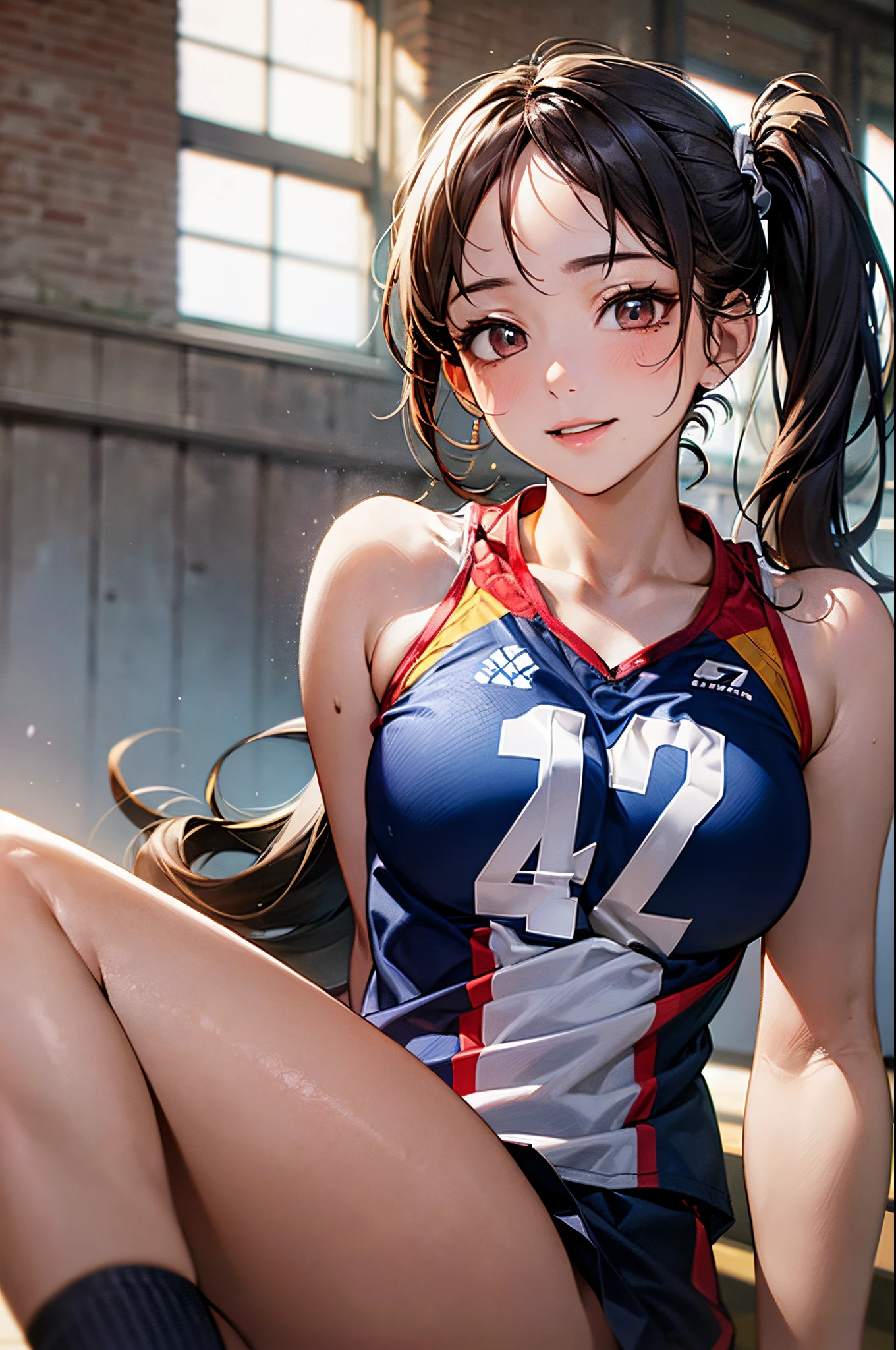 ((((perfect anatomy, anatomically correct, super detailed skin)))), 1 girl, japanese, , volleyball player, shiny skin, watching the view, 
 beautiful hair, beautiful face, beautiful detailed eyes, brown eyes, (long hair:1.7, side ponytail:1.5), babyface, monder eye, 
 beautiful collarbones, beautiful body, beautiful breasts, beautiful thighs, beautiful legs, large breasts:0.5, seductive thighs, cameltoe, bare arms, bare hands, bottomless, 
 ((symmetrical clothinetallic)), ((((buruma)), sleeveless volleyball uniform)), break, 
 smile, sitting floor, (((m leg, spread legs))),
 (beautiful scenery), evening, day, ((volleyball gymnasium, volleyball cort)), 
 (8k, top-quality, masterpiece​:1.2, extremely detailed), (photorealistic:1.2), beautiful illustration, natural lighting,