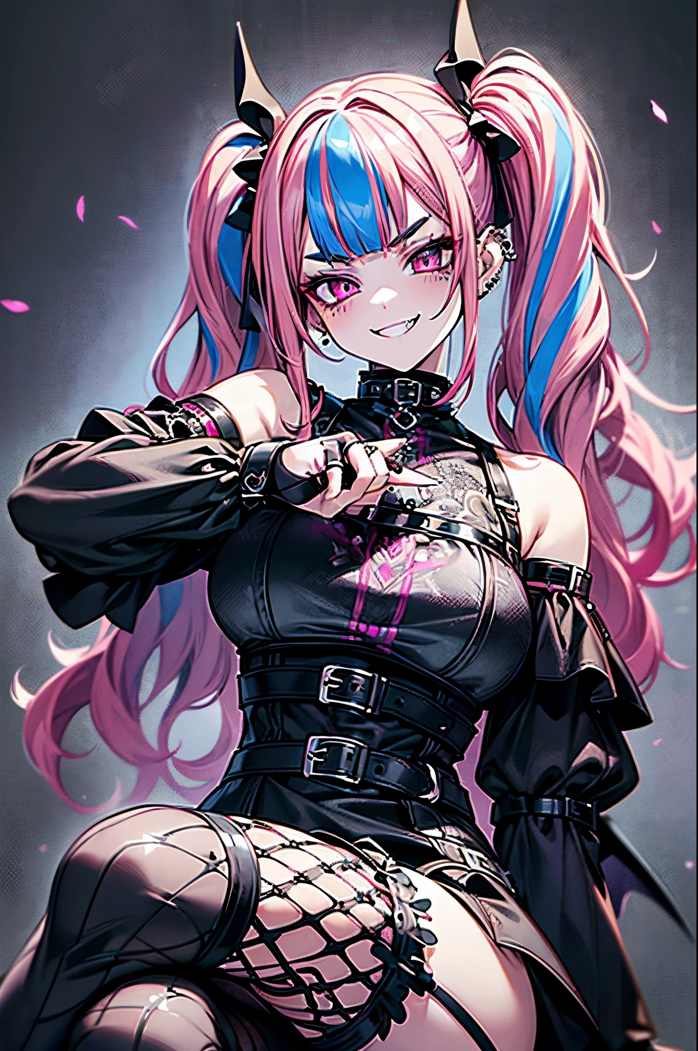 masterpiece, best quality, 1 girl, solo, cute girl, looking at viewer, close up, face focus, ((magenta pink hair, curly twin-tails, blunt bangs, straight bangs, light blue Streaked hair)), magenta eyes, Detailed eye drawing, (((Spiteful smile, smirk, fangs))), open mouth, (thick eyebrows), black nails, huge breasts, black dress, bare shoulders, ((lots of piercings)), black long fingerless gloves, GothGal, (fishnet stockings, gothic print:1.25) girl in a black and white outfit, girl wearing a GothGal outfit, girl wearing a black leather garterbelt and (multiple leather straps, multiple iron chains attached to rings:1.125), ((devil wings and devil tail)), crossed legs, claw pose, highly detailed fine art, (finely detailed beautiful eyes and detailed face), high saturation, delicate depiction of facial features, detailed metal jewelry, dramatic composition, cinematic lighting