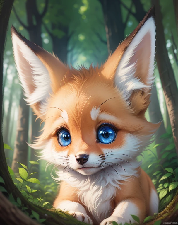 cute fox, cute cub, charming disney style, with blue eyes, intricate details, in the woods