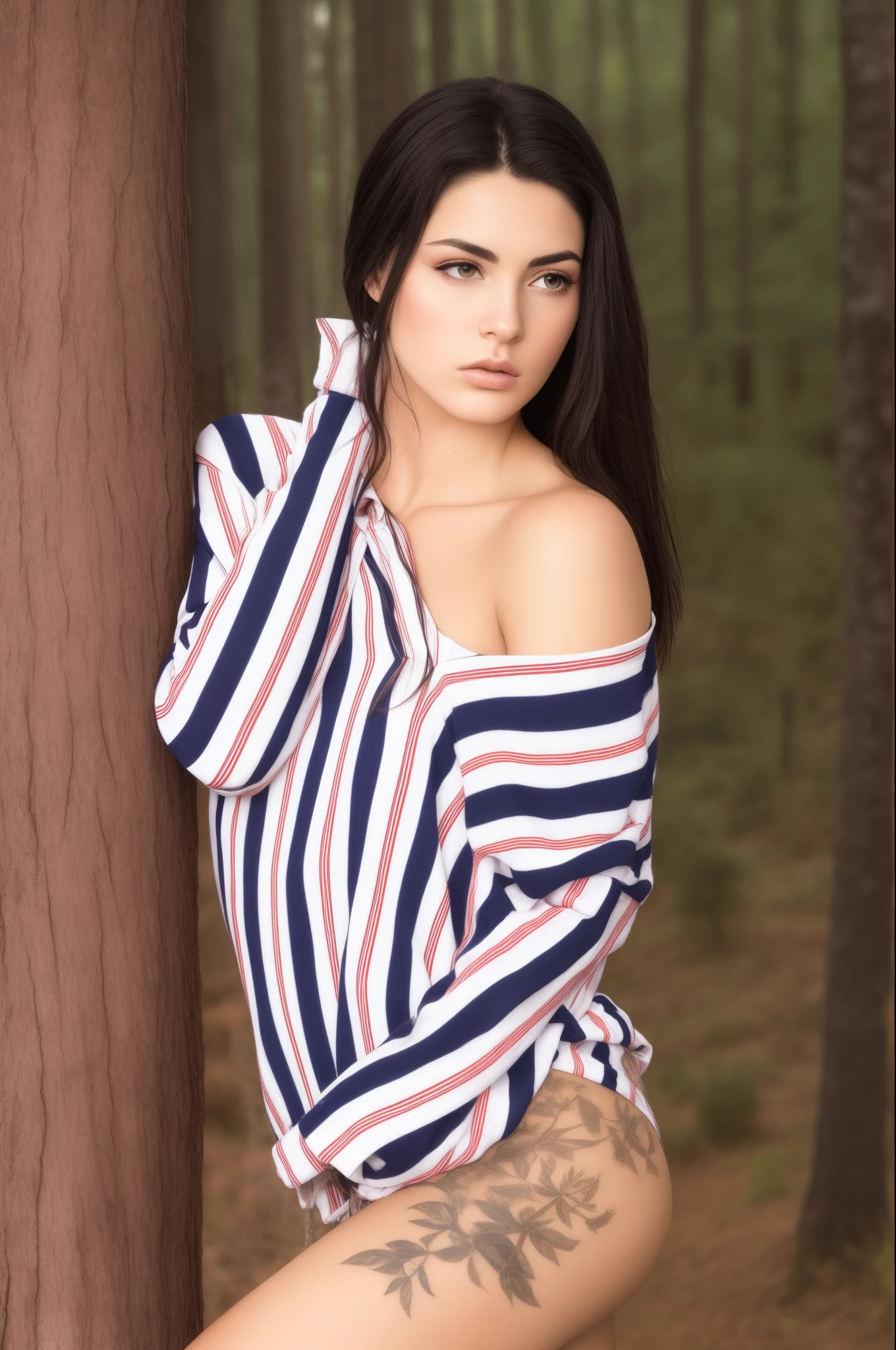 arafed woman in striped shirt leaning against a tree, 2 4 year old female model, in forest, in avila pinewood, in beautiful woods, in woods, in the forest, in a forest, in a tree, on a tree, next to a tree, in the woods, arrendajo in avila pinewood, very pretty model