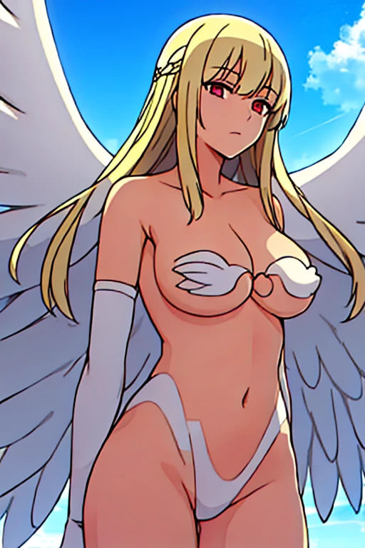 blonde hair, nude, naked, nipple, long hair, angel wings,large breasts, bare shoulders, elbow gloves, feathered wings, gloves, head wings, navel, pink ribbon, ribbon, single elbow glove, single glove, thigh strap, wings