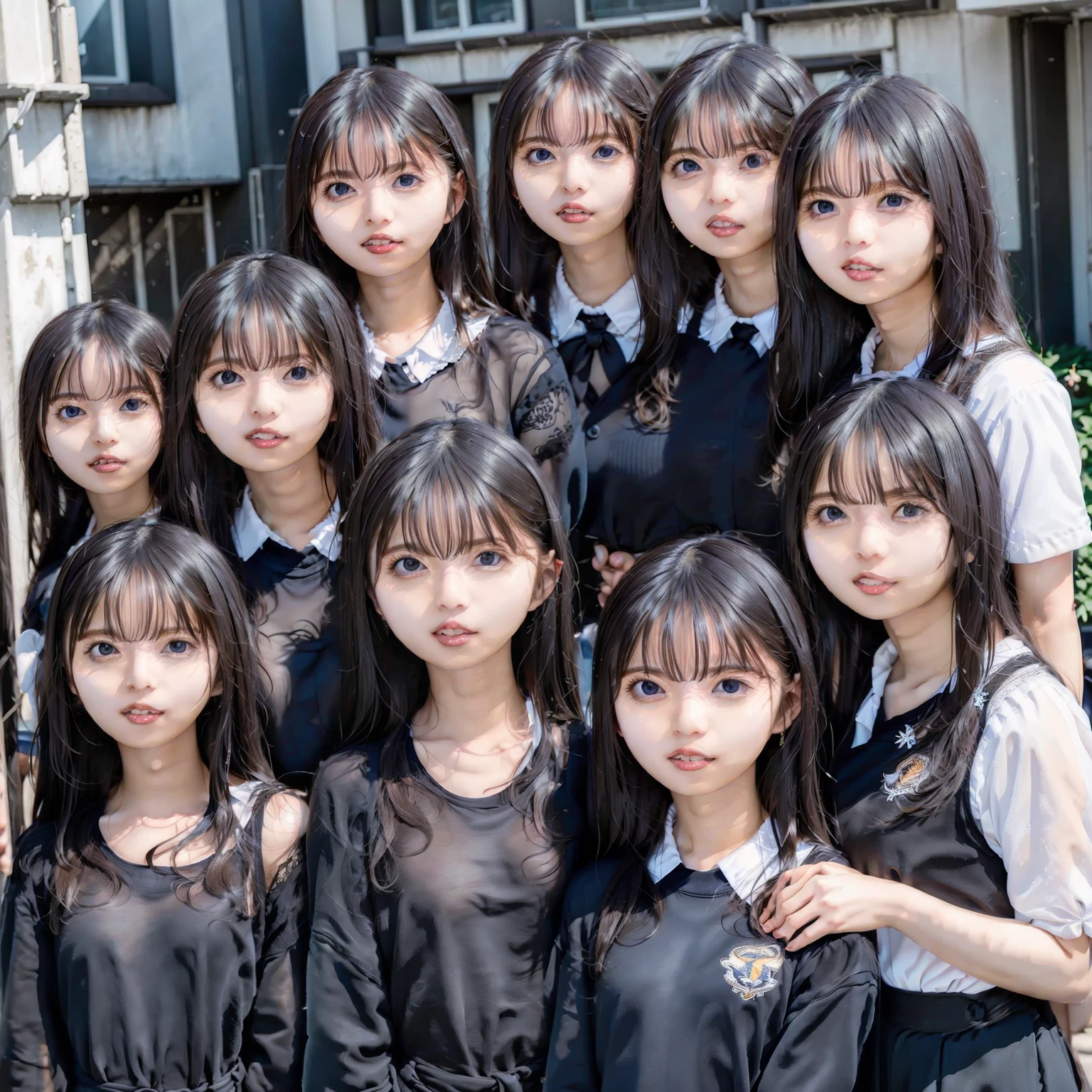 Raw photo、(((multiple girls))),((((6+girls)))),((((100girls)))),(((1000girls)))、((((100 Girls))))、((((Gigantic Breasts))))、Women only、The same face、matching school uniform、、Long black hair、100 cute girls going to school、a smile、Commuting to school、School route、In the street、(((Large group)))、a junior high  student、Eve