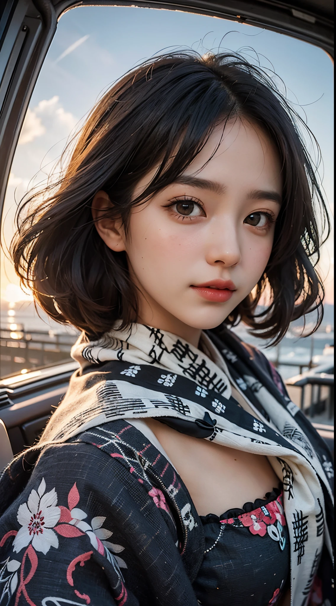 1girl in, ((Fisheye, Selfie)), Wind, hair messy, Sunset, Cityscape, (Aesthetics and atmosphere:1.2),Beautiful woman smiling、8K、An ultra-high picture quality、japanes、1 woman around 20 years old
