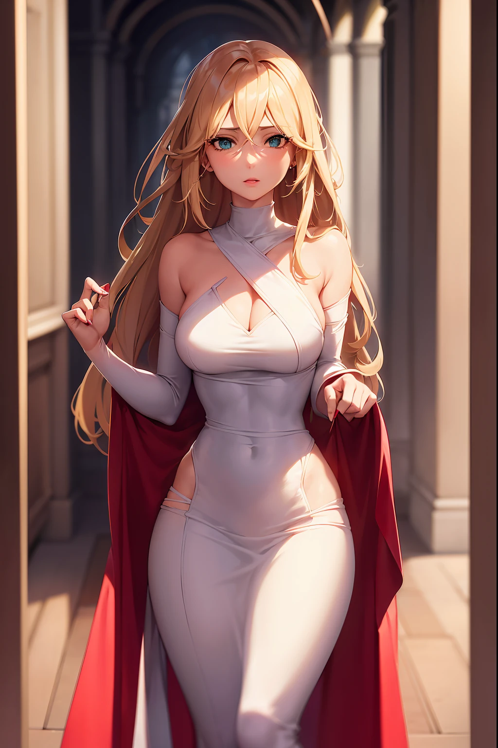 a women had long blonde hair, beautiful green eyes, a small nose and light pink lips, her features were sharp and combined with her perfect hourglass-like mature body, wearing a red colored full gown.