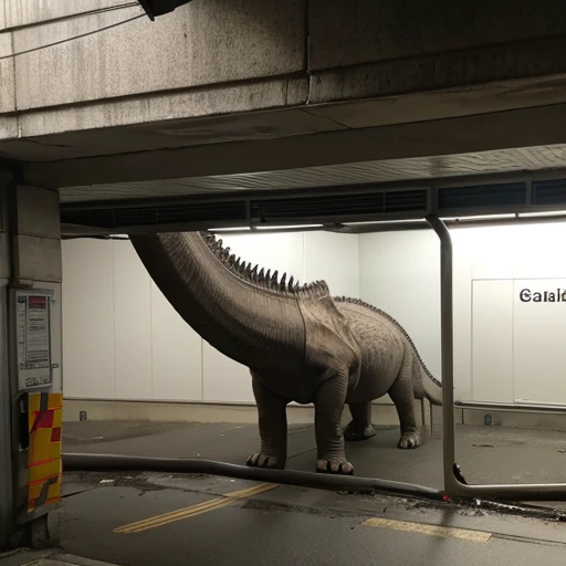 Diplodocus destroys street buildings,Diplodocus collapses underground parking lot。