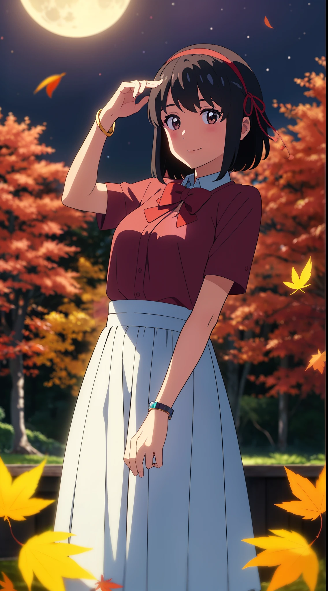 (masterpiece, best quality, high quality, highres, ultra-detailed), shinkai makoto, kimi no na wa., 1girl, bangs, black hair, blush, bright eyes, brown eyes, looking at the viewer, red bow, red headband, red ribbon, dress, blue dress, short hair, medium breasts, solo, Outdoors, night, starry sky, night sky, shiny skin, moon lighting, standing, shadow, smile, happy, bracelet, {{{{{{in autumn}}}}}}, maple tree, falling leaves, autumn scenery, warm color., beautiful, pretty, {{{{fluttering leaves}}}}