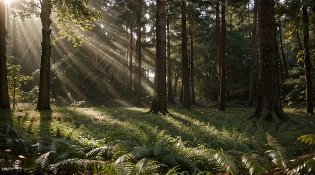 Desenvolva uma imagem impactante e altamente detalhada de um urso majestoso em uma floresta exuberante, capturing the magical atmosphere of the moment when sunlight penetrates through the dense treetops. Realce a textura do pelo do urso, destacando cada fio individual, and guarantee a hyper-realistic representation of the leaves, branches and sun rays that make up the scene. Add a cinematic touch to the scene, enhancing shadows and bringing out the warm tones of sunlight, para criar uma imagem cativante e imersiva que transmita a grandiosidade e a beleza desse encontro na natureza.