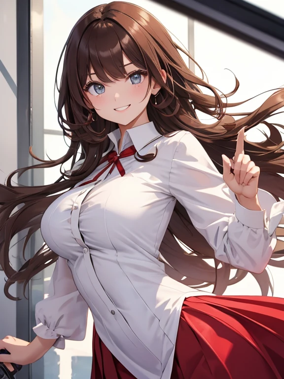 //Character 1girl, party lover, slim and soft, medium large breast, ultra detailed face, innocent, round face, thin eyeblow, brown pupils, translucent skin, smiling full of compassion, extra long hair, brown hair, curly messy hair, flowing bang, BREAK
//Fashion
white tulle dress shirt, rich red flowing long skirt, , intelligent image, BREAK
//LOCATION
at home
BREAK
// behavior
she make a gun gesture with her fingers and said "Bang!", big smile, grinning,