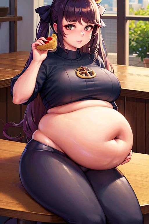 Fat, chubby, large belly, pregnant, obese, very fat, beidou, big belly, very fat, large stomach, chubby (best quality, masterpiece), thanksgiving, wearing sweater, grabbing belly, sitting down, table with of food, table tons of food, lots of food, holding belly, table with food, sitting on cough, eating cream, mona megistus from genshin impact