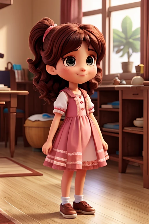 menina, barnet, 8 anos, cabelo castanho, vestido rosa, sorrindo, estilo disney pixar, 3d, animation character, alta qualidade