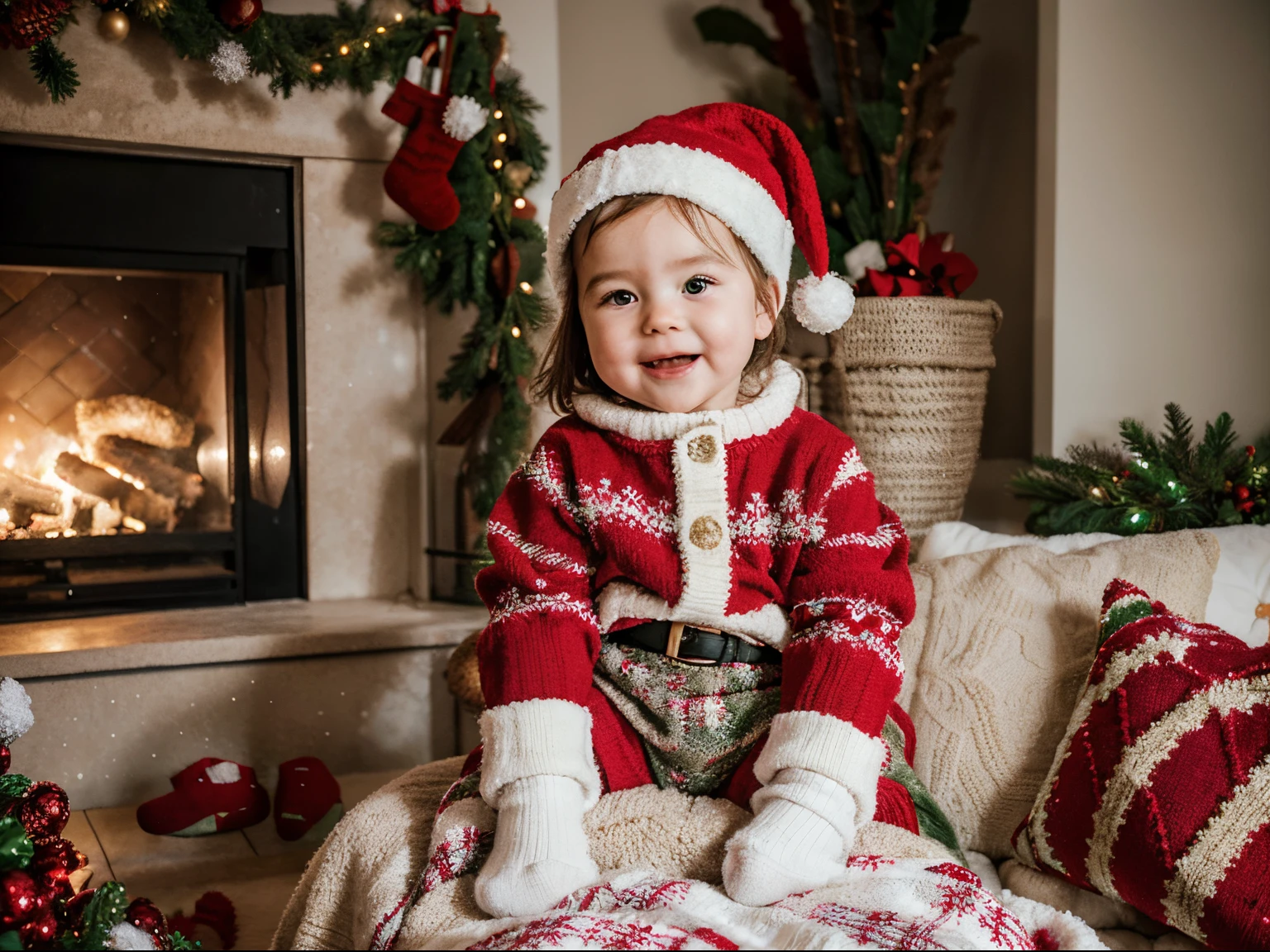 baby wearing Christmas clothes, cozy warm sweater, festive red and green colors, adorable Santa hat, cute reindeer pattern, soft knitted socks, sparkling tinsel, twinkling Christmas lights, snowflakes falling gently, joyful holiday atmosphere, chubby rosy cheeks, wide-eyed innocence, playful baby giggles, family gathering around the Christmas tree, presents under the tree, glowing fireplace, cozy living room, merry Christmas celebration, magical winter wonderland, cheerful holiday spirit, bright and vibrant scene, professional photography, high resolution, vivid colors, warm and inviting lighting