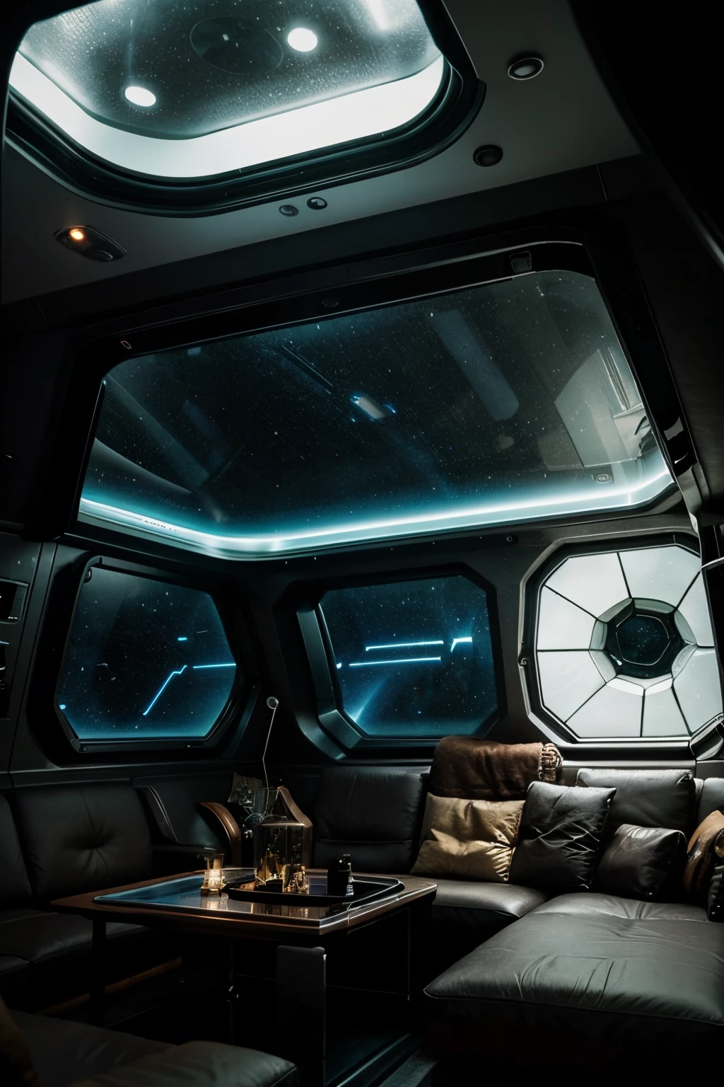 A cosy spaceship interior like a living room with a big sci fi window