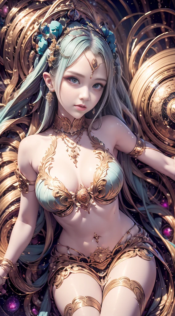 (Best quality,ultra - detailed,Best Best Illustration,The best shadow,tmasterpiece,A high resolution,professionalartwork,famousartwork),Delicate eyes, beautiful eyes,closeup cleavage,sci-fy,colored sclera,robot eye mark,Tattoos are,(fractal,Fractal eyes),largeeyes,largeeyes,(Eye focus),surface focus,the eye of the universe,Space Eye,Close up of metal sculpture of woman with moon in her hair,Extremely detailed,3d goddess portrait,The goddestremely rich in details,a stunning portrait of a goddess,Goddess side face avatar,Beautiful goddess portrait goddess body closeup portrait,goddess hecate,portrait of a norse moon goddess,goddess of space and time,hologram