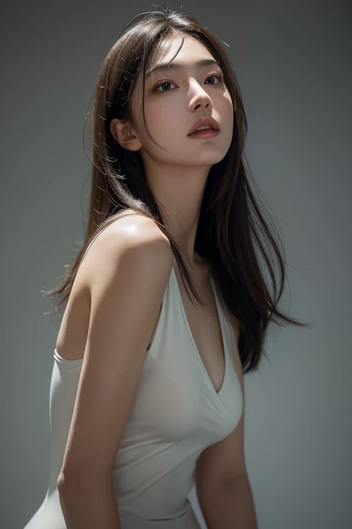A 20-year-old woman with long dark hair, embracing a modern and trendy hi-top fade haircut, set against a dark theme. The woman exudes a sense of serenity and elegance, her brunette locks cascading down her shoulders. Her skin depicted with natural texture and a hyperrealistic touch, emphasizing her youthful glow. The lighting in the scene soft, casting a gentle glow that accentuates her features. The overall color palette of the image muted and soothing, with a focus on muted colors that create a sense of tranquility. The tones are carefully curated to evoke a calming and peaceful atmosphere. The image characterized by high contrast, adding depth and dimension to the composition. The woman's face the centerpiece of the image, with attention to detail given to her beautiful and captivating eyes, delicate nose, and soft, enticing lips. Her eyes are extremely detailed, reflecting a sense of depth and emotion. The artist has paid special attention to creating long eyelashes that enhance the allure of her gaze. The composition also includes additional elements, such as a soft light that envelops the woman, further emphasizing her radiance. The hyperrealistic details of her face and features are juxtaposed against a backdrop that complements her aura. This masterpiece crafted with the highest quality standards, ensuring impeccable image clarity. The resolution can range from 4K to 8K, showcasing every minutiae of the artwork. The use of physically-based rendering techniques and studio lighting enhances the realistic nature of the image. The artistic style of this piece a fusion of portraiture and contemporary aesthetics, capturing the timeless beauty of the woman while incorporating modern elements. The resulting image a stunning blend of realism and artistic interpretation. The color scheme of the image predominantly dark, with deep and soothing tones setting the mood. The muted colors complement the dark theme, creating a sense of mystery and intrigue. The image exudes
