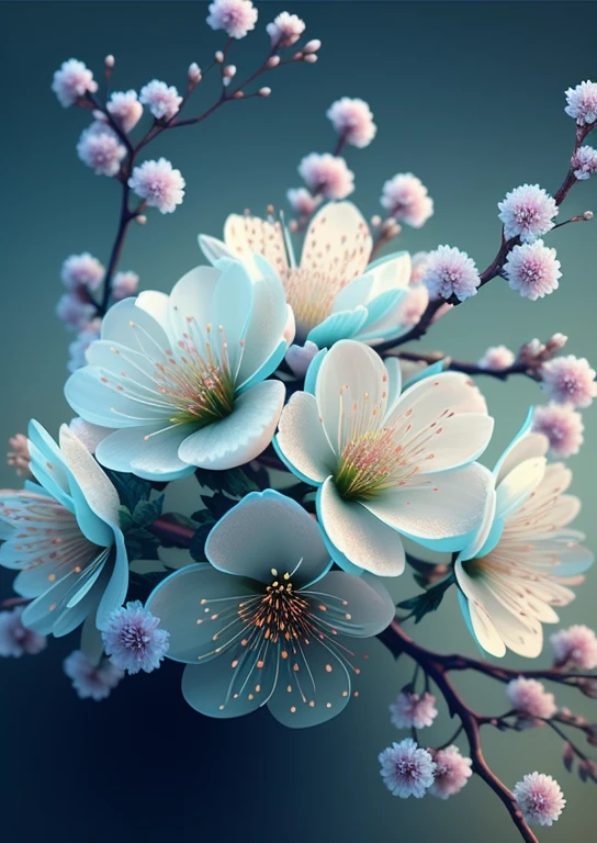 here is a close up of a bouquet of flowers on a branch, paul barson, Floral flowers, beautiful digital artwork, beautiful digital art, Flowers and flowers, Waizi's Surreal Flowers, Beautiful flowers, blooming flowers, Flowers with intricate details, incredibly beautiful, Beautiful art, Красивая композиция 3 - D 4 K, gorgeous digital art, Cherry blossoms