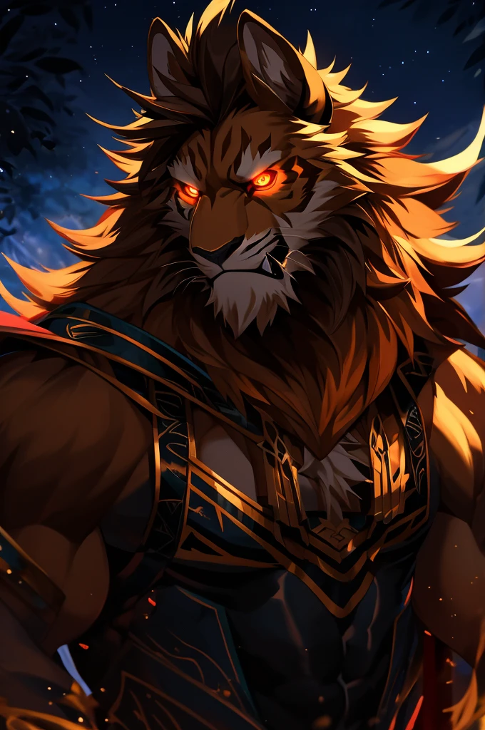 (best quality,highres:1.2),ultra-detailed,realistic,portrait,oil painting,latex,dominant,ferocious,glowing eyes,strong jaw,sharp fangs,mane,regal,prideful,king of the jungle,intense gaze,golden fur,muscular physique,powerful roar,rippling muscles,royal,commanding presence,nighttime scene,moonlit,adorned with symbols,strength,beauty.Warm-toned,colored lighting, dramatic shadows,contrast,vivid colors,deep blacks. Anthro style, Anime style