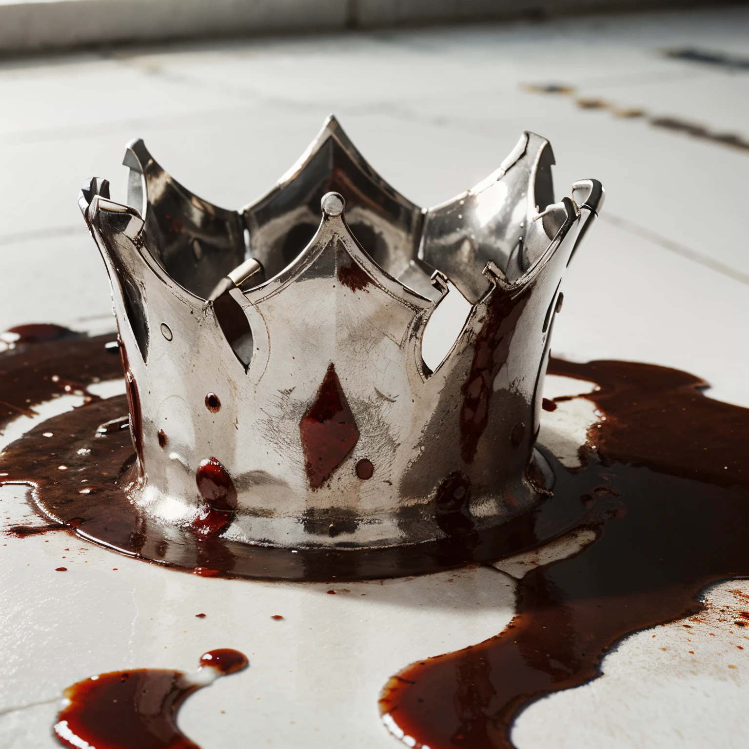 Silver crown stained with blood on top of a pool of blood on a white background