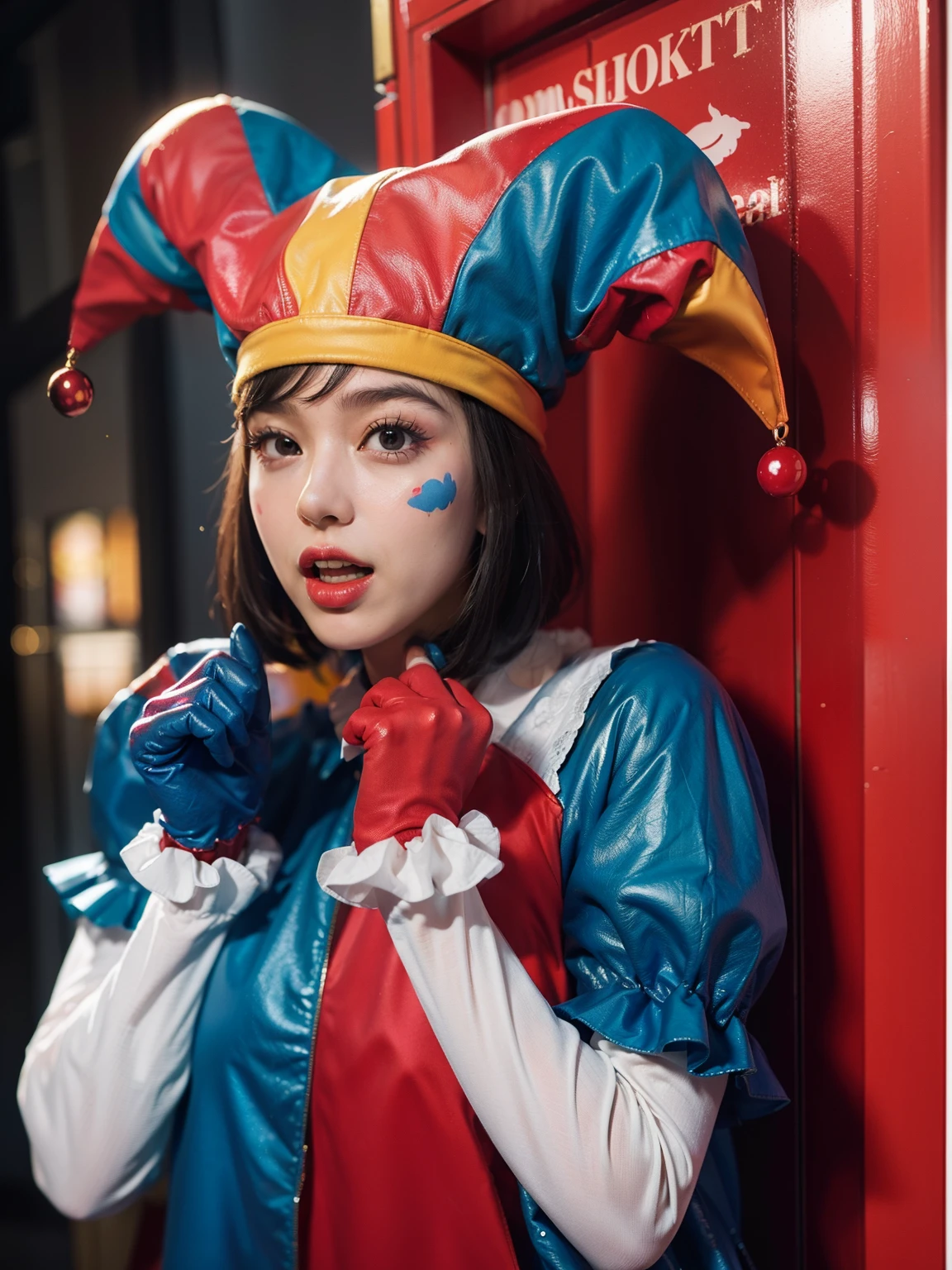 Clown girl with cute, glossy costume in red, blue, yellow, and white. she standing standing close red door, red door, Her outfit shines under the spotlight, reflecting a playful and vibrant atmosphere. Her hair impeccably styled, with a glossy finish that adds to her charm. Her facial expression radiates fear. Her eyes, delicate and detailed, sparkle with excitement. Her lips, beautifully shaped, add a touch of sweetness to her overall appearance. The image of the highest quality, ensuring every detail showcased perfectly. It in 4k resolution, allowing viewers to immerse themselves in the richness of the colors and intricate details. The realistic rendering brings the clown girl to life, her feel tangible and present in the artwork. The background dark, creating a contrasting backdrop that accentuates the girl's vibrant presence. The subtle rim light highlights the contours of her figure, adding depth and dimension to the composition. This artwork combines the elements of a clown girl, glossy costume, beautiful hair, red door, high-resolution image, realistic rendering, dark background, and rim light. The result a visually captivating piece that captures the essence of joy and whimsy, inviting viewers into a world of enchantment and laughter.