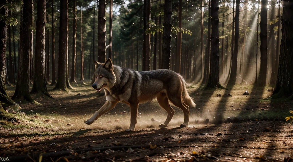 Produza uma obra-prima visual de um lobo em movimento, percorrendo elegantemente uma densa floresta ao entardecer, With the golden light of the sunset bathing the scene. Prioritize advanced details to realistically portray wolf fur, destacando cada textura e movimento. Emphasize the contrast between deep shadows and sun rays filtering through the trees, ensuring a cinematic and immersive atmosphere. Explore the use of warm tones to accentuate the beauty of twilight and create an image that not only captures the essence of the moment, but also conveys the majesty and savagery of the wolf in nature.