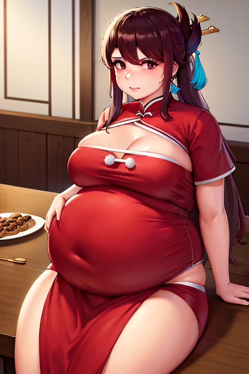Fat, chubby, large belly, pregnant, obese, very fat, beidou, big belly, very fat, large stomach, chubby (best quality, masterpiece), thanksgiving, wearing sweater, grabbing belly, sitting down, table with of food, table tons of food, lots of food, holding belly, table with food, sitting, wearing sweater, Christmas, Holiday, Christmas cookie, beidou from genshin impact