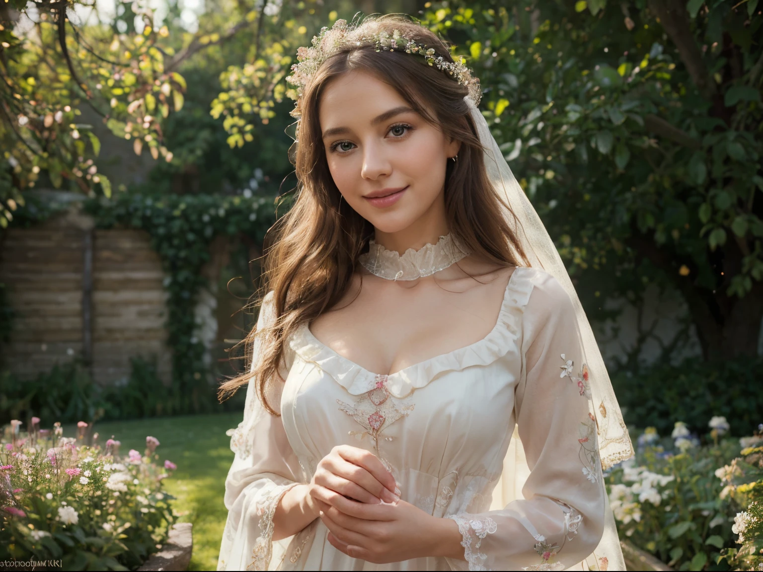(best quality,4k,8k,highres,masterpiece:1.2),ultra-detailed,(realistic,photorealistic,photo-realistic:1.37),beautiful detailed eyes,beautiful detailed lips,extremely detailed eyes and face,longeyelashes,girl in a garden,soft and flowing fabric,fine lace details,ruffled sleeves and collar,delicate floral embroidery,sparkling beading,ethereal veil,rosy cheeks and bright smile,elegant and joyful atmosphere,fairy tale setting,dreamy lighting,whimsical background,magical colors,storybook illustration style,romantic and playful mood