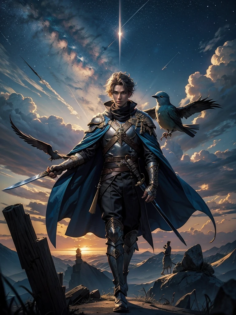 A guy with sword and little bird on his hand and star and meteorit on the sky