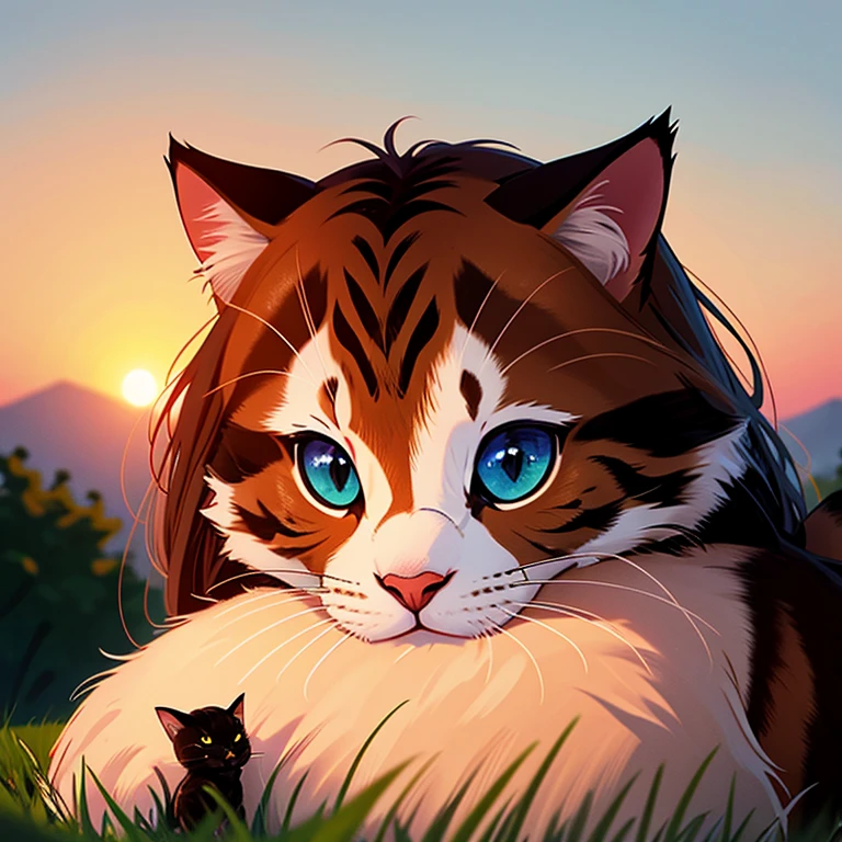 Two kittens snuggle at the hill's summit, gazing at the sunset with curious eyes, their fur illuminated by the warm hues of the evening. Eles de costas, e pe