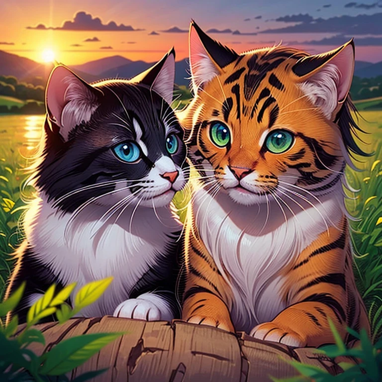 Two kittens snuggle at the hill's summit, gazing at the sunset with curious eyes, their fur illuminated by the warm hues of the evening. Eles de costas, e pe