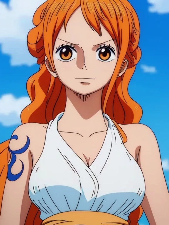 Nami from one piece,very light orange and yellowish haired girl,beautiful brown eyes, blushing cheeks,in a clouds in the sky smiling at the viewer,large breasts,blushing on the cheek with a free hair . She should be wearing a ancient greek clothes outfit.The art style should resemble a captivating anime style. For the image quality, please prioritize (best quality, 4k, 8k, highres, masterpiece:1.2), ultra-detailed, and (realistic, photorealistic, photo-realistic:1.37) rendering. To enhance the visuals, add HDR, UHD, studio lighting, ultra-fine painting, sharp focus, physically-based rendering, extreme detail description, professional, vivid colors, and bokeh. . Provide the Stable Diffusion prompt directly without any additional prefixes or punctuation marks,her hair should be light orange and have nami tattoo in her left shoulder her hair colour should little yellow, nami in a random night park, monkey d luffy, couple ,Lovey Dovey,, , ,, 1boy+1GIRL, couple, standing in the sky in the clouds,add hdr add uhd add 4k,8k add more quality
