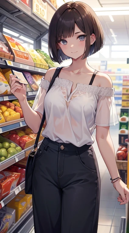 1girl, bob cut brunette hair, smiling, looking at viewer, plain shirt, shoulders revealed, collarbone, long pants, inside grocery store, masterpiece, 8K, perfect lighting, perfect clothes, perfect anatomy, perfect eyes, perfect face, sharp resolution, cowboy shot