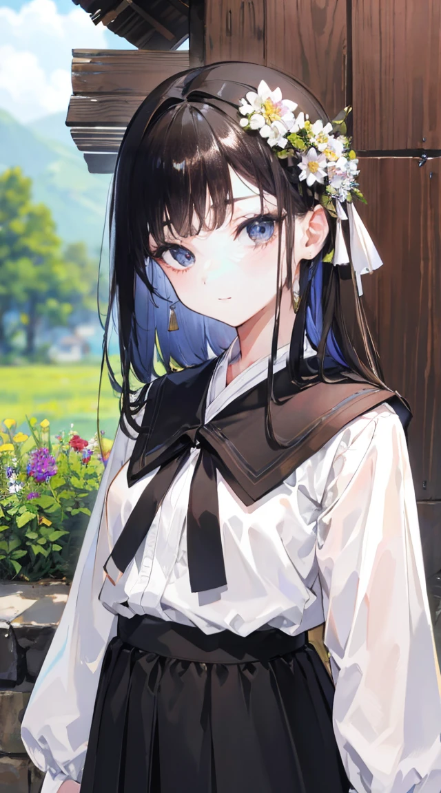 ４ｋ、Highest image quality, excellent details, Ultra-high resolution, (Realism: 1.4), The best illustrations, High condensation,Black Haired Beautiful Girl、small tits、Age is１８age、Beautiful eyes(color is light brown)、Loose sidetail hairstyle(a black ribbon),Longhaire、Eyes in detail、long eyelashes、Wearing village girl clothes(Skirt is knee-length)、idyllic village background、herhairisflower、Blur the background、Focus on the face、Looking at the camera、A slight smil