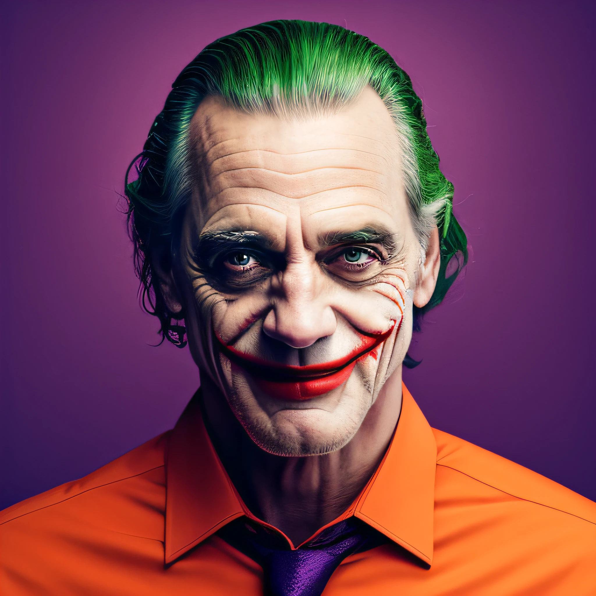 Jeremy Irons being the joker, purple suit, orange shirt, green hair with black details, cruel pose, Surrealism, anaglyph, stereogram, tachi-e, pov, atmospheric perspective, 8k, super detail, ccurate, best quality, in gotham city, scrutinized theme, perfect framing, modern art, purple tie, orange shirt and purple suit, smiling face, rosto com maquiagem branca