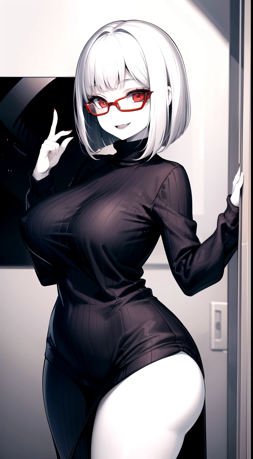 1girl,female focus,glasses ,curvy ,wide hips,breasts,bob cut,sweater,red eyes,Creepy smile,(pale skin:1.3),bottomless.standing