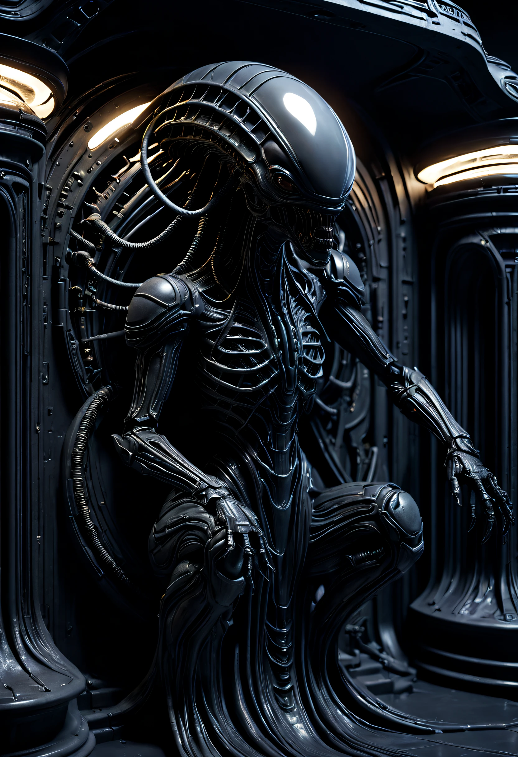 01_Black light, the interior of an epic alien ship, the atmosphere of the movie “Alien”. Bionic forms cover the walls in bas-relief, black artificial material, stone-plastic, and bionics. Sanded, polished, smooth, bas-relief, bionics, cyber-punk. Elements of alien bodies, and the anatomy of alien creatures, adorn the relic bas-reliefs of an alien ship. Black light penetrates forms from the inside. The whole picture embodies the black theme, black glow, antimatter, space - as a symbol of black infinity. 02_Highest quality. Masterpiece. Cinematic image. 3D visualization. Scene recreated by Unreal Engine. The highest quality, details, textures, materials, and, clear shapes (smooth synthetic material, artificial stone, plastic, metal). Black glow from the depths of forms, an alien ship, an alien civilization, alien worlds. Frontal view from the camera, perspective, with watery ceilings, a deep grotto, membrane floor, and fantastic bas-reliefs on the walls (bionics, anatomy, entomological life forms depicted on bizarre bas-reliefs). Black glow is the basis of the whole picture. 03_ Interior lighting, deep shadows, illuminated black bas-relief, bionic geometry, and secret symbolism decorate the walls. High vaulted walls, an alien ship - a highly developed civilization. Warm bright - contrasting light, light cold shadows, clear image of details, texture, decor (high image quality), (Clear high-quality render), (unreal engine), SD quality, 8K. Lucas Arts, cyberpunk, S.R. Giger "Alien".