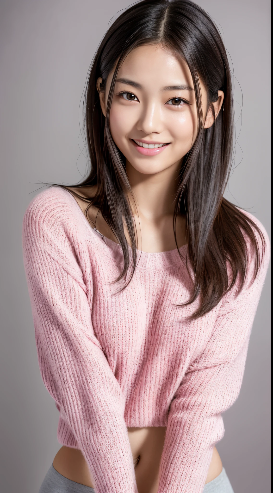 (best quality,highres:1.2),ultra-detailed,photorealistic:1.37,portrait,Asian girl wearing a pink sweater and gray panties, young and skinny gravure idol with realistic appearance, detailed eyes and lips, straight glossy hair, cute smile, attractive poses, soft and natural lighting, vibrant colors