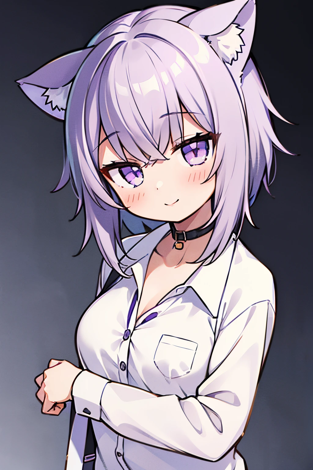 ((Nekomata okayu)), ((Masterpiece)), (High Definition:1.3), (Professional Photography:1.2),  messy short hair, put on cat ears, (Super Definition CG Unified 8k Wallpaper), (Best Quality), (Super Definition), (Best Illustration), (Best Shadow), Ultra High Definition, (Photorealistic:1.4), 1 Girl, (Super Oversized Shirt, Buttoned Shirt, Open Shirt)), (Man Shirt), No Bra, Clavicle, Look at the viewer, Light smile, Upper body, Makeup,