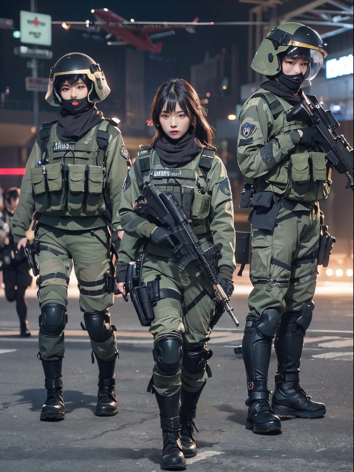 best quality , masterpiece, 4 malay females, malaysian, mira filzah face, cute malay girls with assault rifles in a battle field wearing hijab, in full set of swat armor, kawaii, cute clothes, detailed face, holding gun, assault rifle, military uniform, ((aiming gun at viewer)), depth of field, angry looking, pink hijab,, cat ears