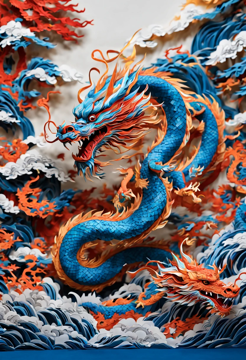 (pop up book:1.4), PaperCut art, a Chinese dragon, water, enhance, intricate, (best quality, masterpiece, Representative work, official art, Professional, unity 8k wallpaper:1.3)